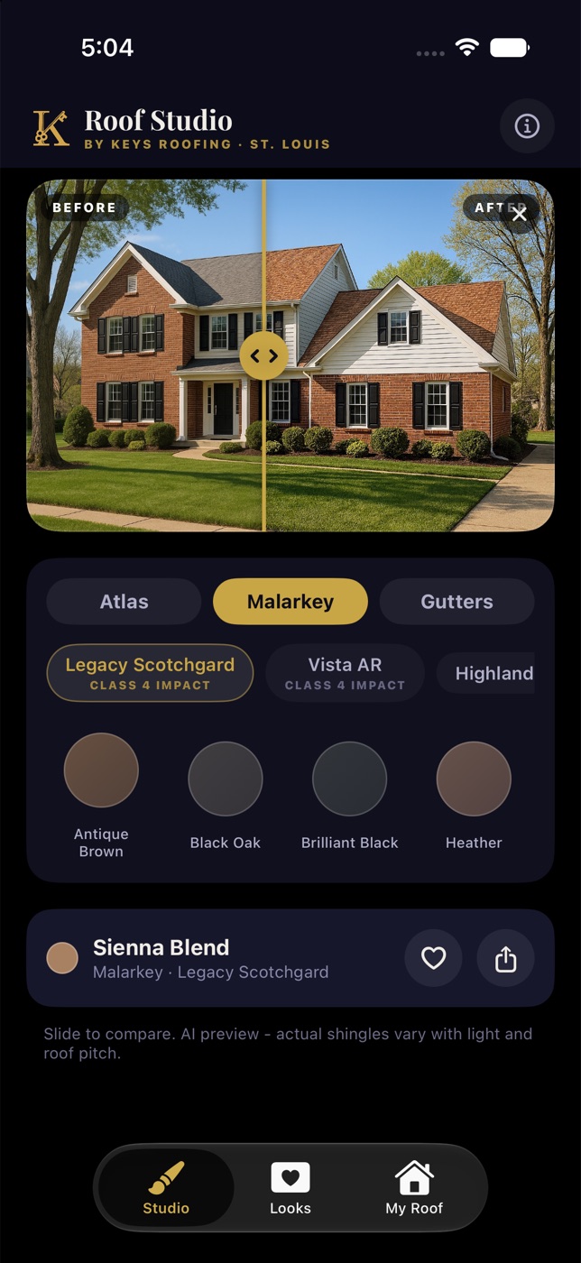 Roof Studio app: before and after slider showing a new Malarkey roof