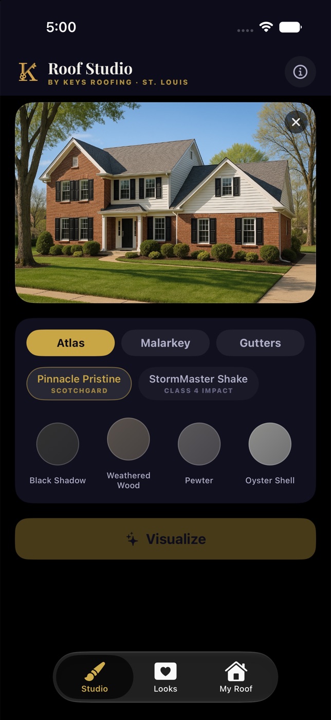 Roof Studio app: choosing Atlas shingle colors on a St. Louis home